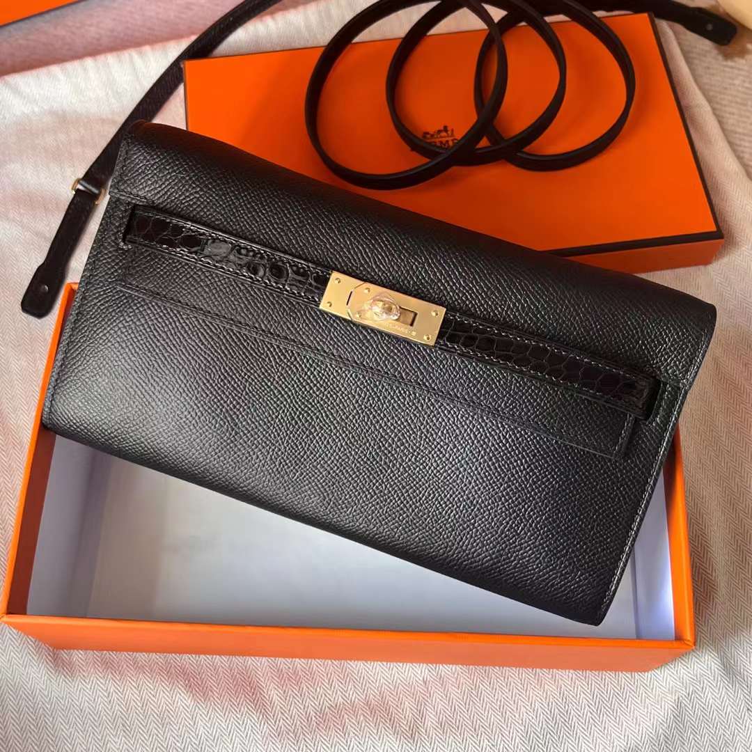 Hermès（爱马仕）Kelly to go woc epsom 拼 亮面美洲鳄鱼皮 ck89 黑色 金扣 20cm