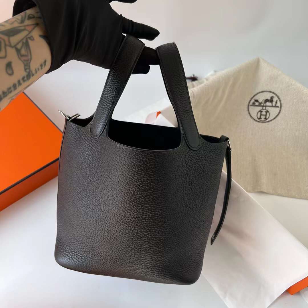 Hermès（爱马仕）Picotin 菜篮子 Clemence（御用原厂进口tc皮）Ck89 黑色 银扣 18cm 全手工蜡线缝制 Phw