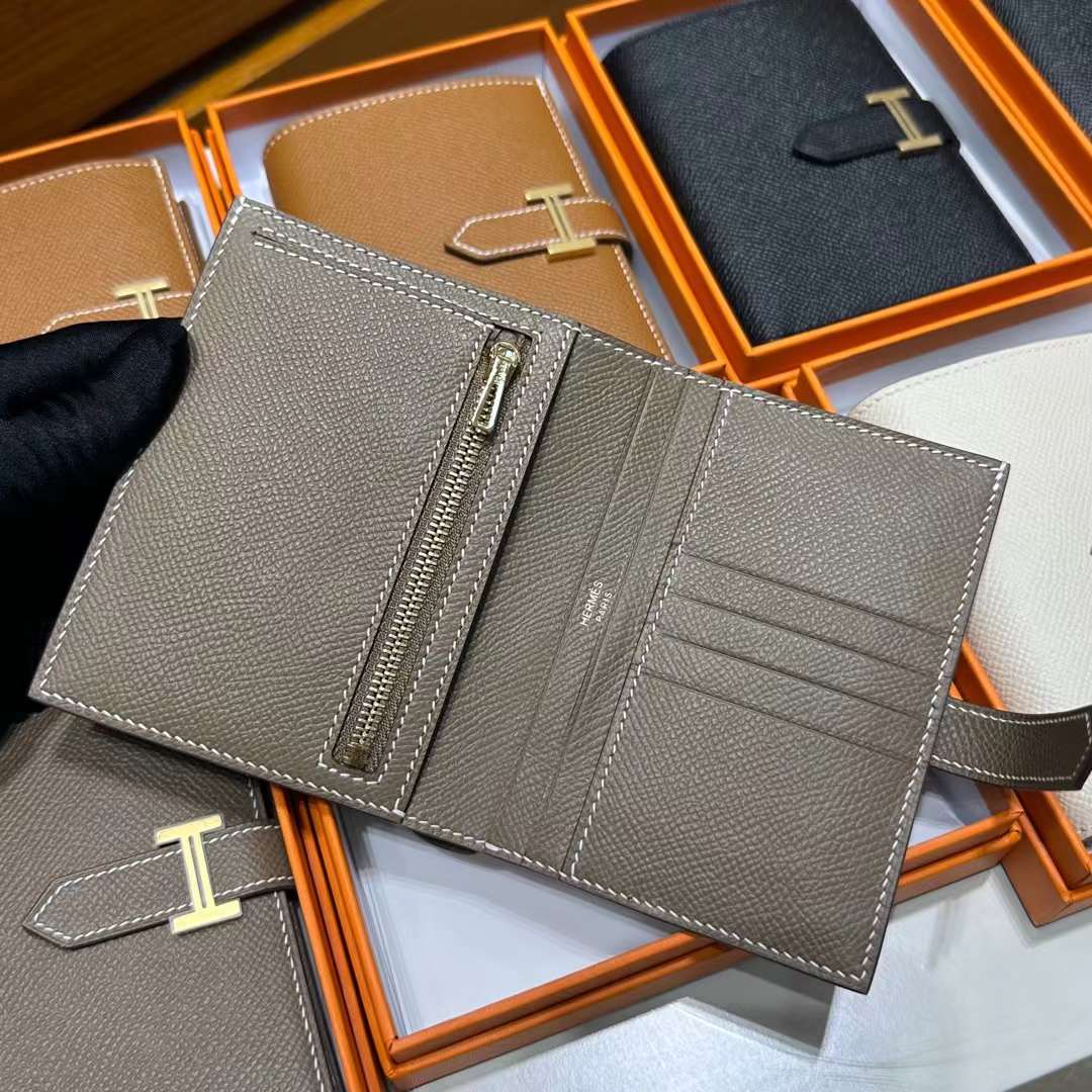 Hermès（爱马仕）Bearn Short 短款钱包 Epsom 进口手掌纹皮 Ck18 大象灰 金扣 全手工蜡线缝制