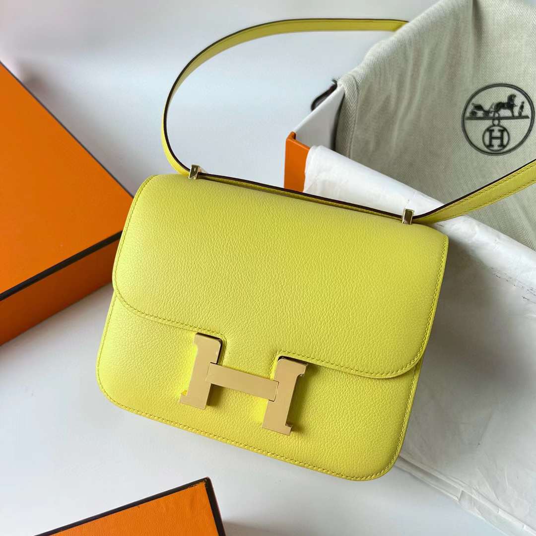Hermès（爱马仕）Constance 空姐包 Evercolor 9R 柠檬黄 金扣 19cm 全手工蜡线缝制 Ghw