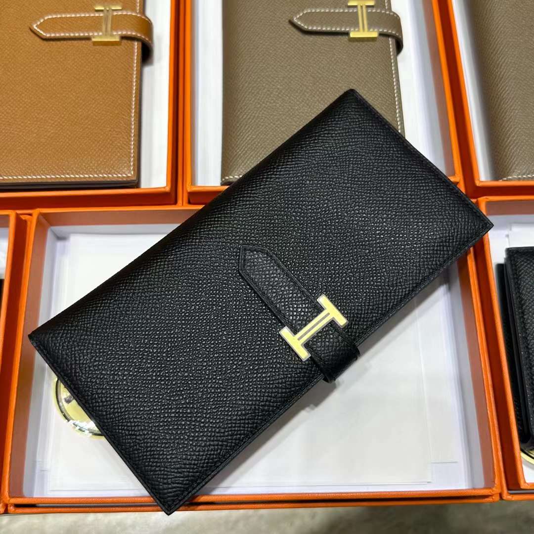 Hermès（爱马仕）Bearn 长款钱包 Epsom 进口手掌纹皮 Ck89 黑色 金扣 全手工蜡线缝制
