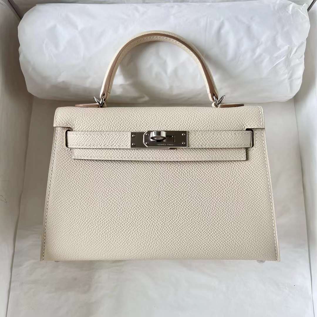 Hermès（爱马仕）mini Kelly 迷你凯莉 Epsom Ck10 奶昔白 银扣 19cm 全手工蜡线缝 Phw