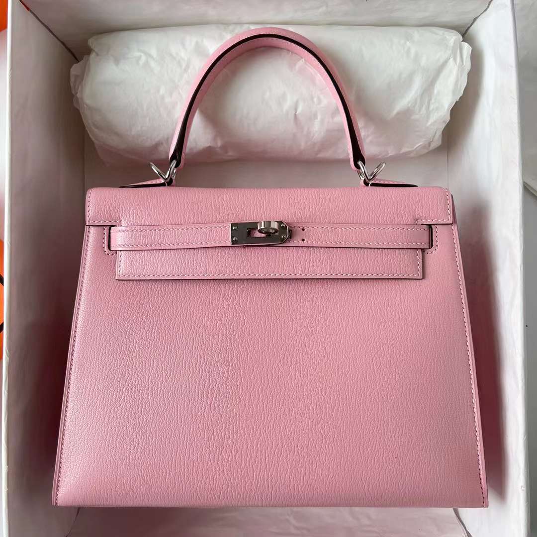 Hermès（爱马仕）Kelly 凯莉包 Chevre 进口山羊皮 3Q 新粉色 内拼 I2 奶油白 银扣 25cm 全手工蜡线缝制 Phw