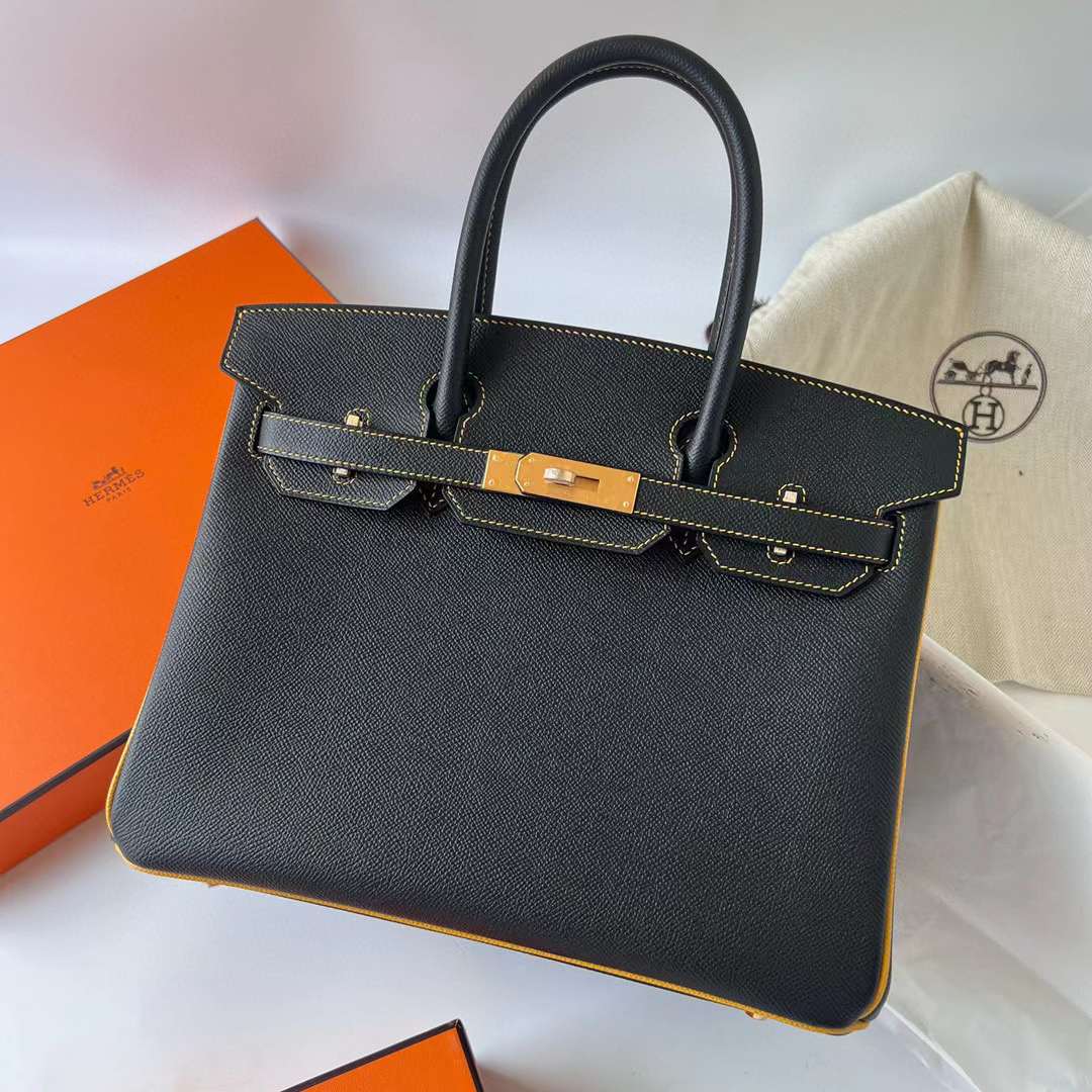 Hermès（爱马仕）Birkin 铂金包 Epsom Ck89 黑色 内拼 9D 琥珀黄 磨砂金扣 30cm 全手工蜡线缝制 Bghw