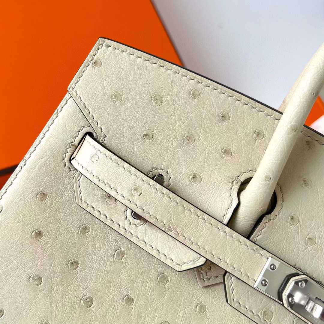 Hermès（爱马仕）Birkin 铂金包 Ostrich 南非鸵鸟皮 3C 羊毛白 银扣 25cm 全手工蜡线缝制 Phw