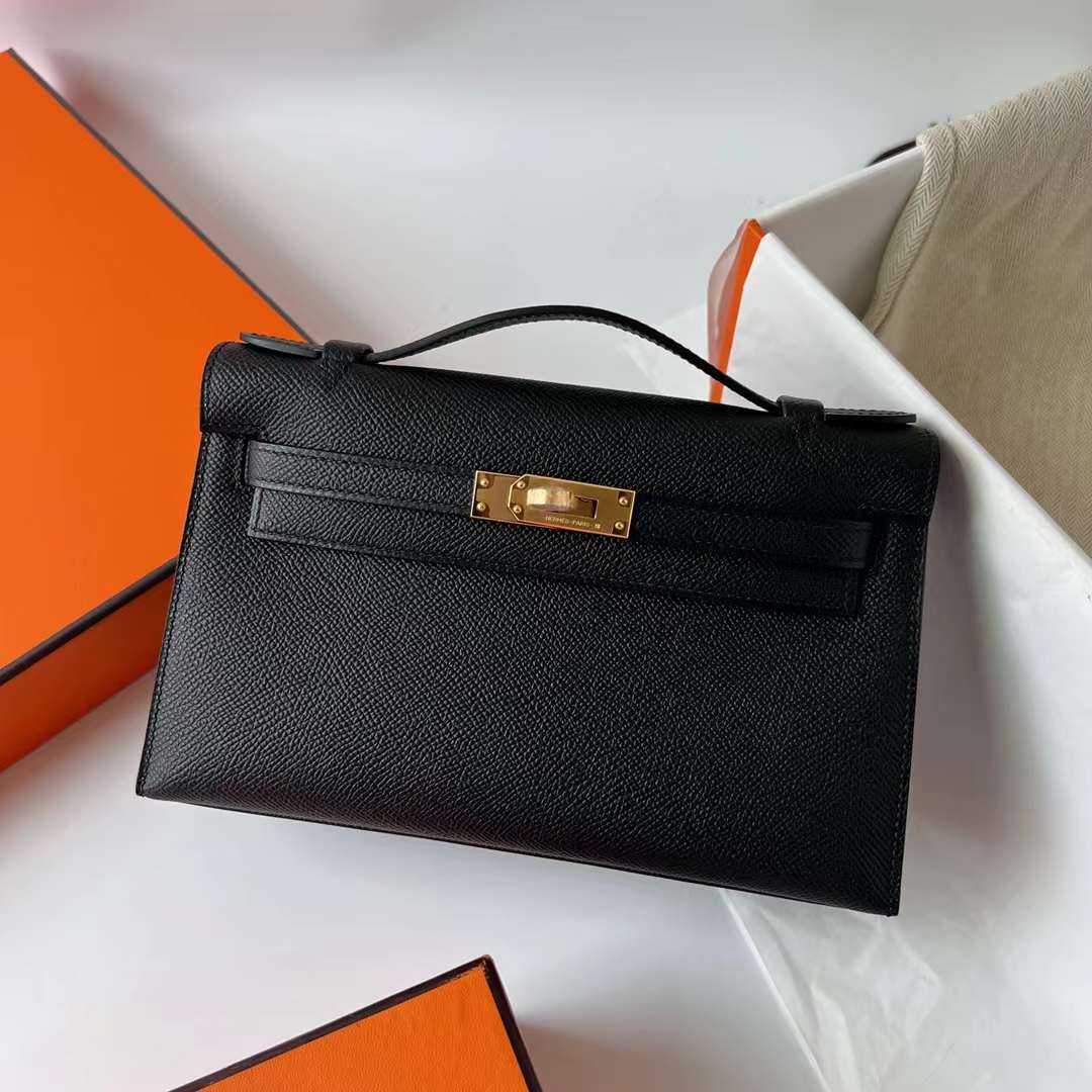 Hermès（爱马仕）Mini Kelly Pochette Epsom Ck89 黑色 金扣 22cm 全手工蜡线缝制 Ghw