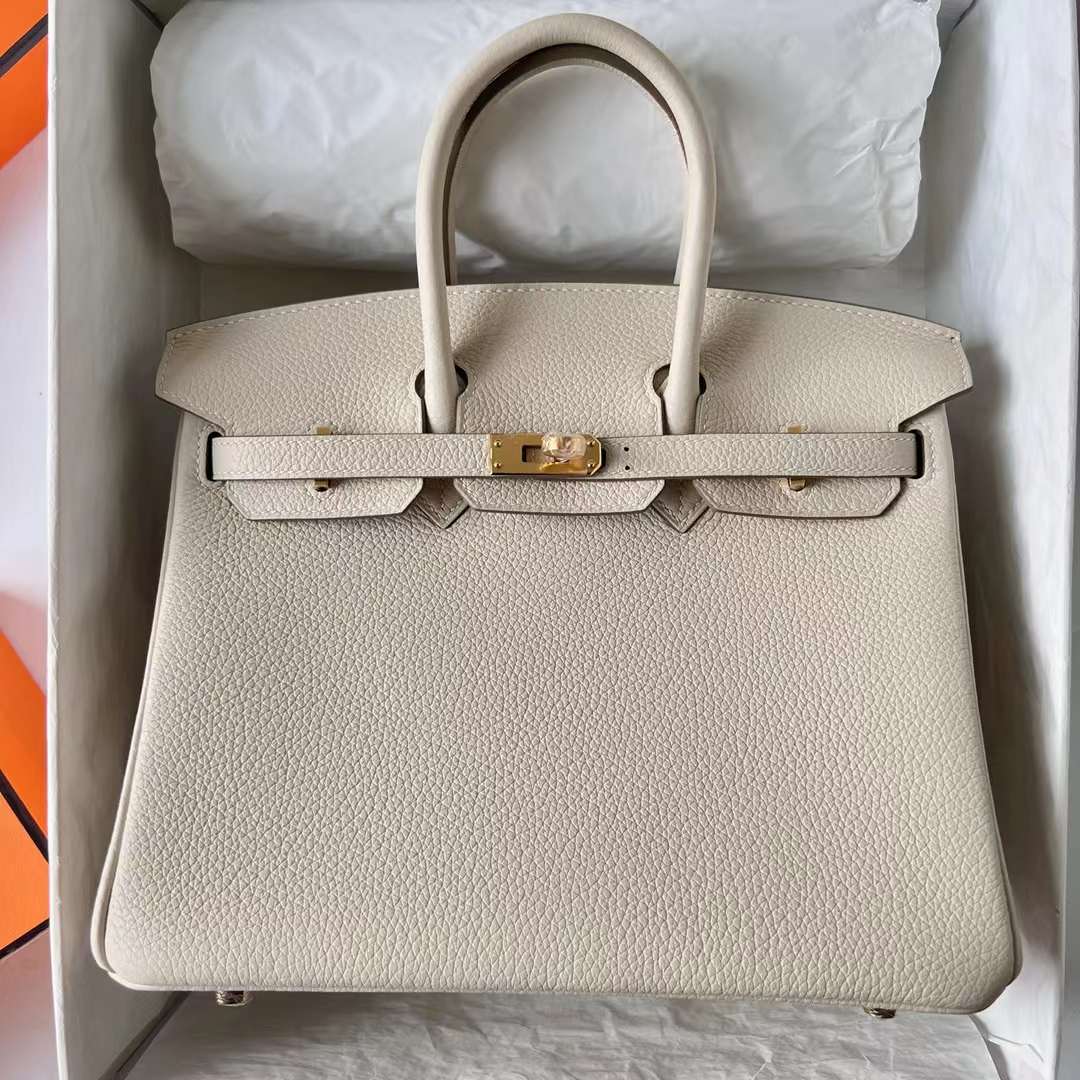 Hermès（爱马仕）Birkin 铂金包 Togo皮 进口德国小牛皮 Ck10 奶昔白 金扣 25cm 全手工蜡线缝制 Ghw
