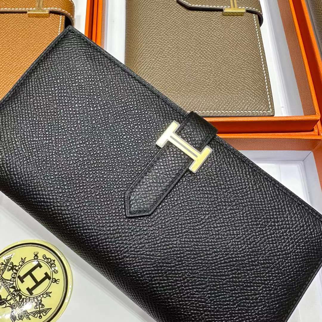 Hermès（爱马仕）Bearn 长款钱包 Epsom 进口手掌纹皮 Ck89 黑色 金扣 全手工蜡线缝制
