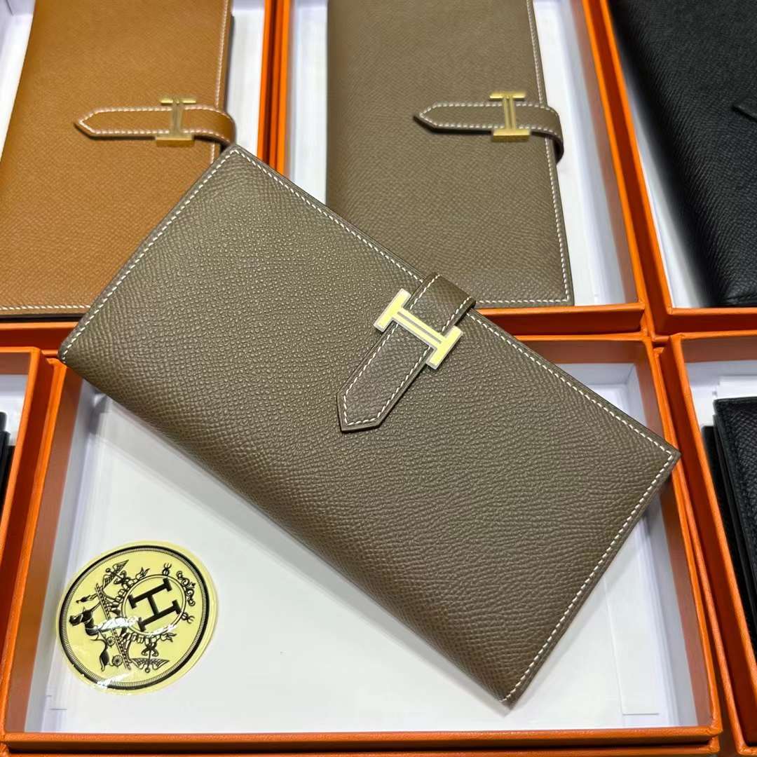 Hermès（爱马仕）Bearn 长款钱包 Epsom 进口手掌纹皮 Ck18 大象灰 金扣 全手工蜡线缝制