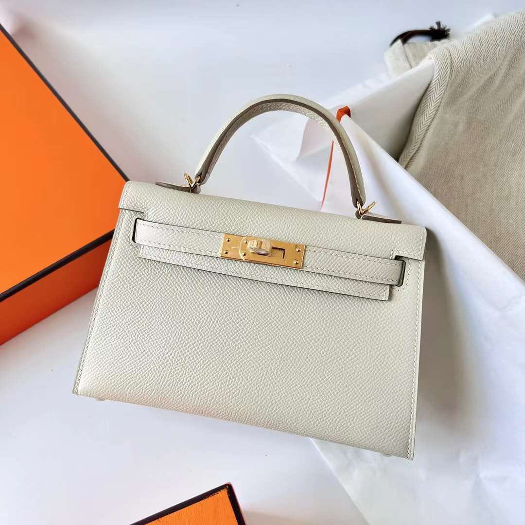 Hermès（爱马仕）Mini Kelly 迷你凯莉 Epsom Ck10 奶昔白 金扣 19cm 全手工蜡线缝制 Ghw