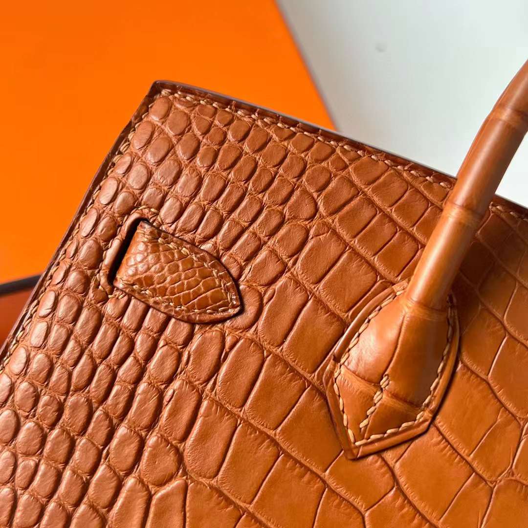 Hermès（爱马仕）Birkin 铂金包 雾面美洲鳄鱼皮 Matte Alligator Crocodile Ck37 金棕色 金扣 20cm 全手工蜡线缝制 Ghw