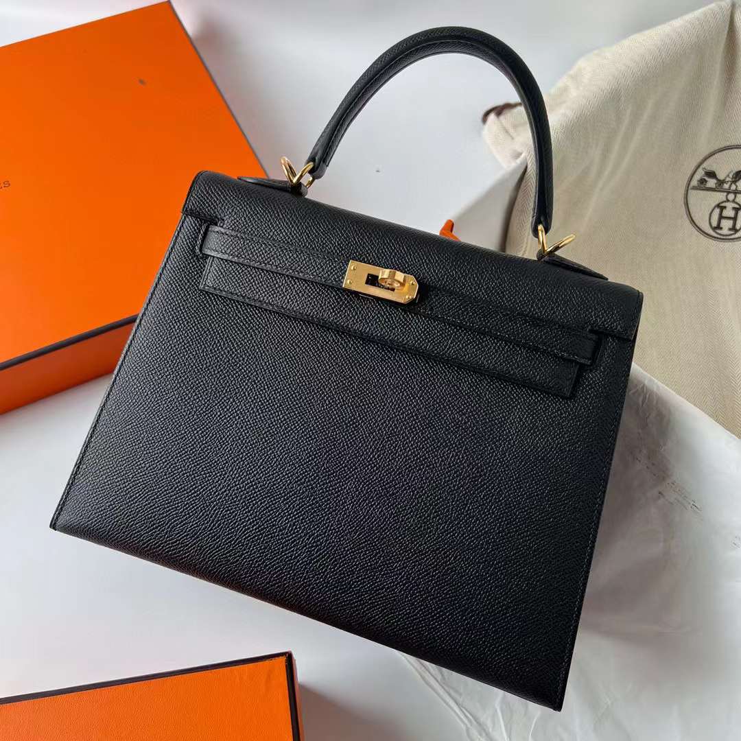 Hermès（爱马仕）Kelly 凯莉包 Epsom Ck89 黑色 金扣 25cm 全手工蜡线缝制 Ghw