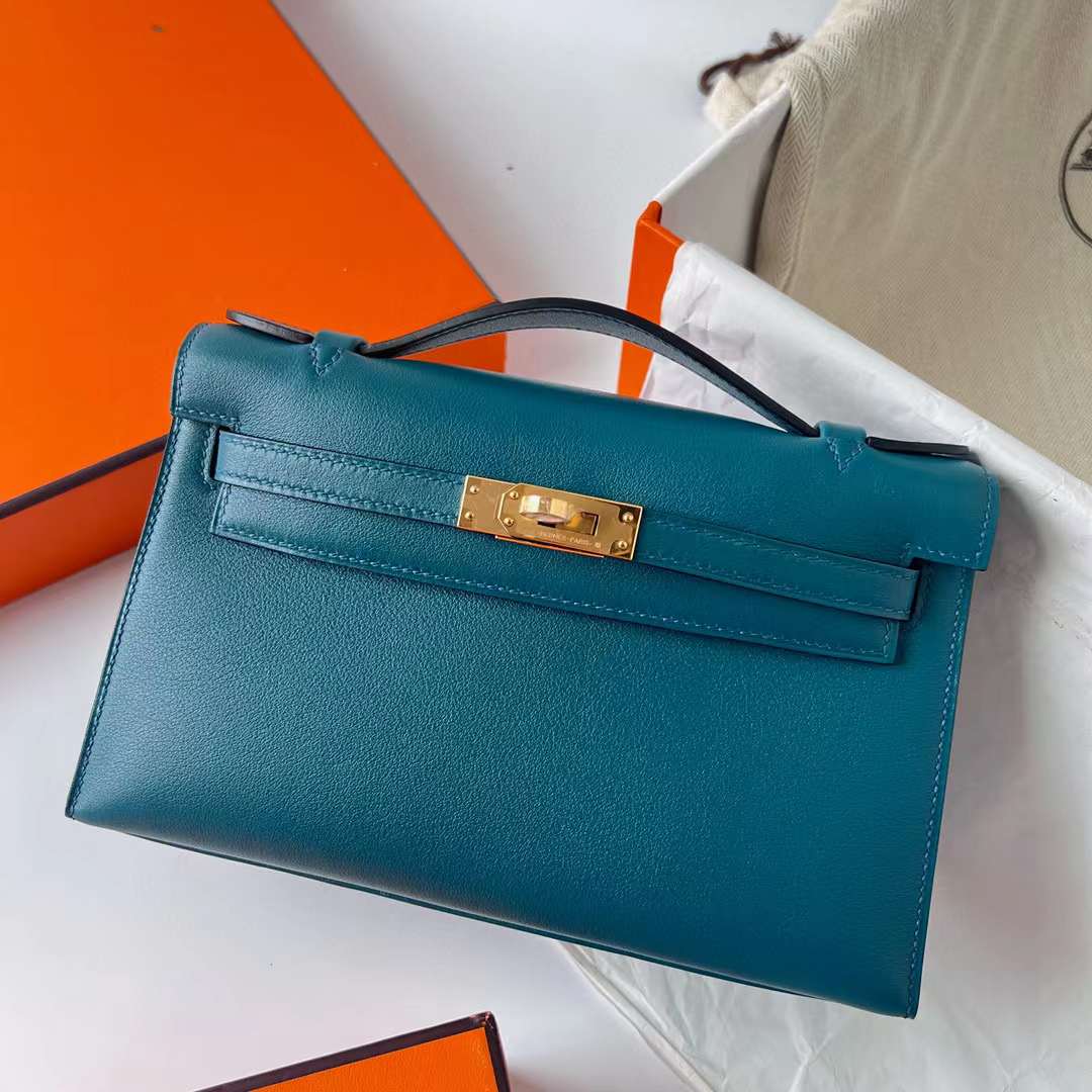Hermès（爱马仕）Mini Kelly Pochette Swift W0 博斯普鲁斯绿 金扣 22cm 全手工蜡线缝制 Ghw