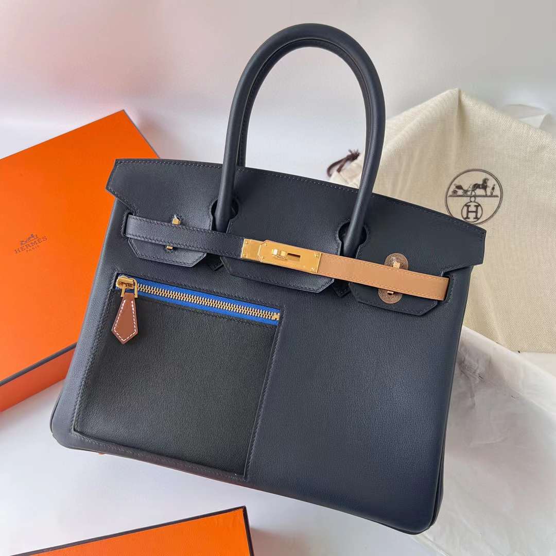 Hermès（爱马仕）Birkin 铂金包 Swift Colormatic 口袋包 2Z 午夜蓝 金扣 30cm 全手工蜡线缝制 Ghw