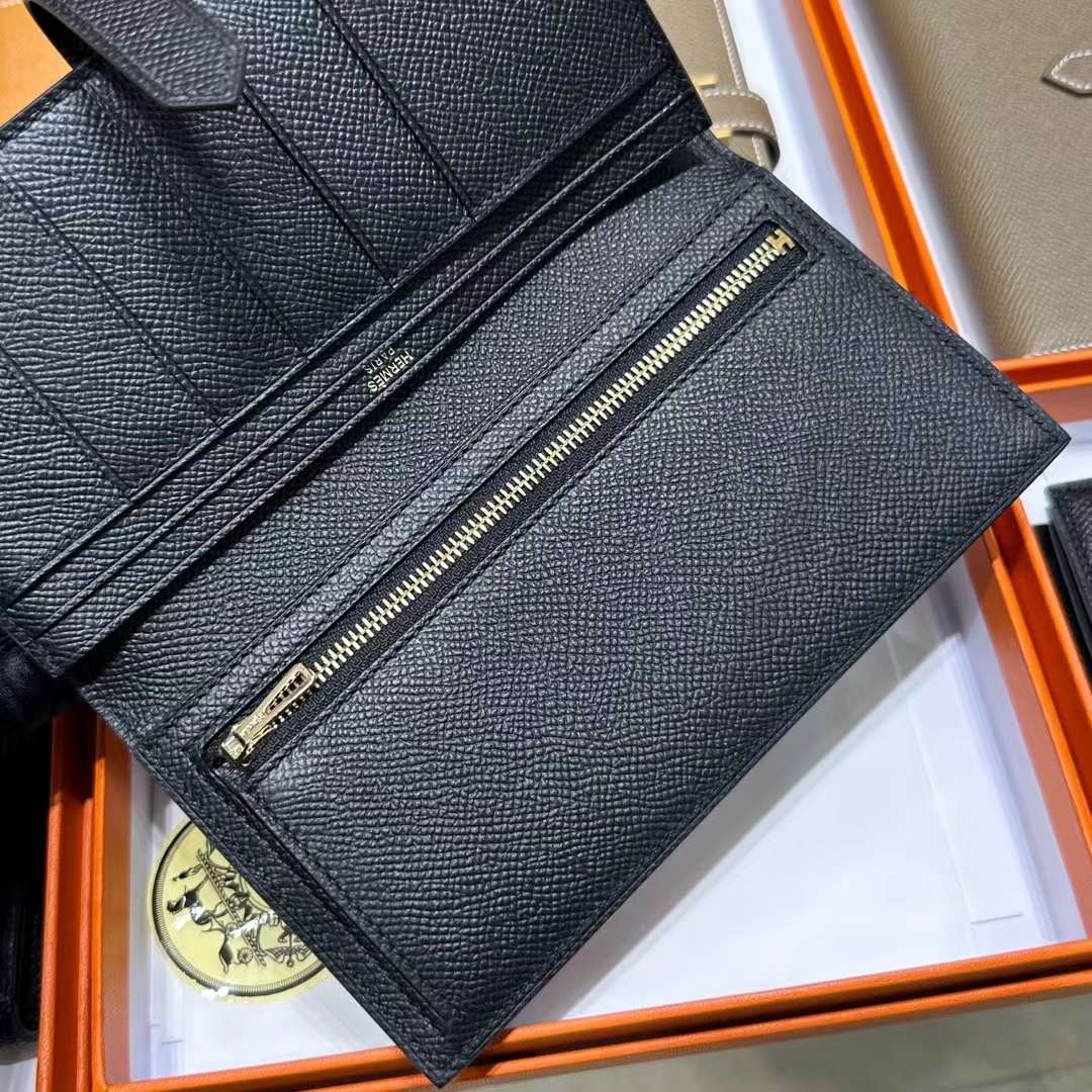 Hermès（爱马仕）Bearn 长款钱包 Epsom 进口手掌纹皮 Ck89 黑色 金扣 全手工蜡线缝制