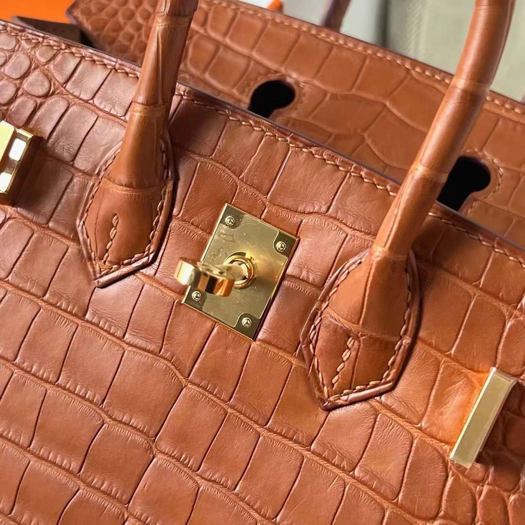Hermès（爱马仕）Birkin 铂金包 雾面美洲鳄鱼皮 Matte Alligator Crocodile Ck37 金棕色 金扣 20cm 全手工蜡线缝制 Ghw