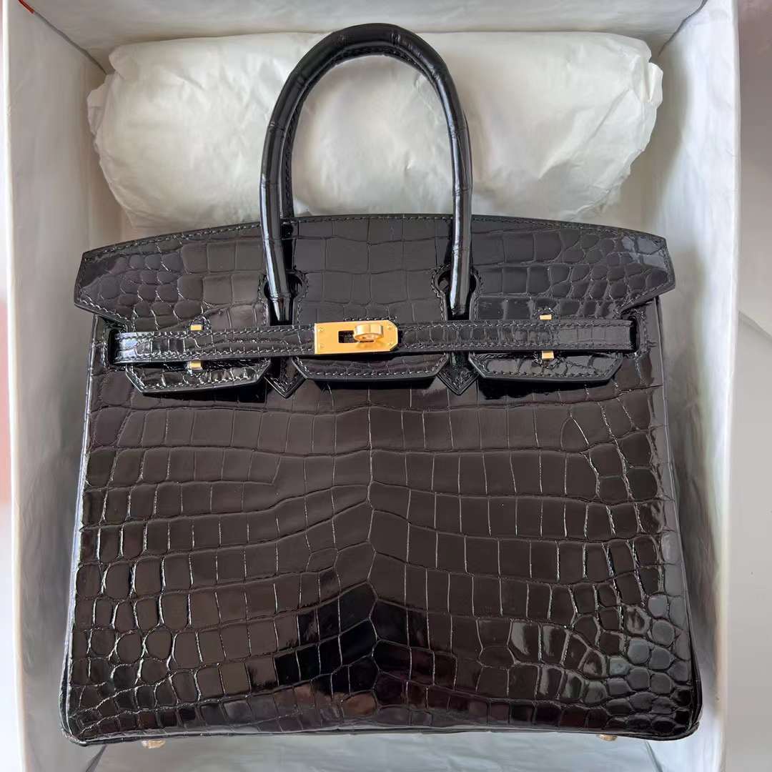 Hermès（爱马仕）Birkin 铂金包 亮面尼罗鳄鱼皮 Shiny Nilo Crocodile Ck89 黑色 金扣 25cm 全手工蜡线缝制 Ghw