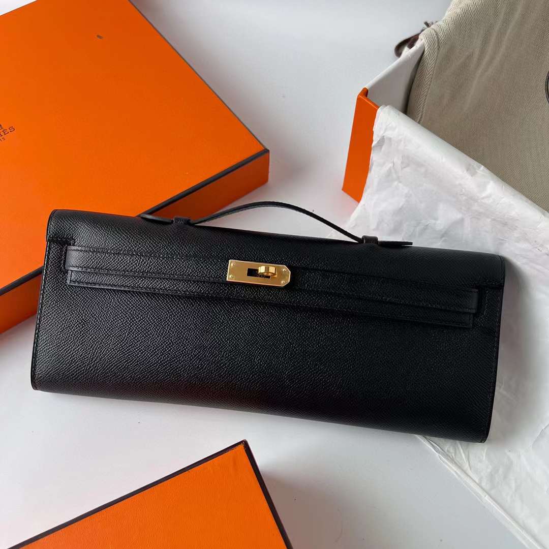Hermès（爱马仕）Kelly cut 手拿包 Epsom Ck89 黑色 金扣 31cm 全手工蜡线缝制 Ghw