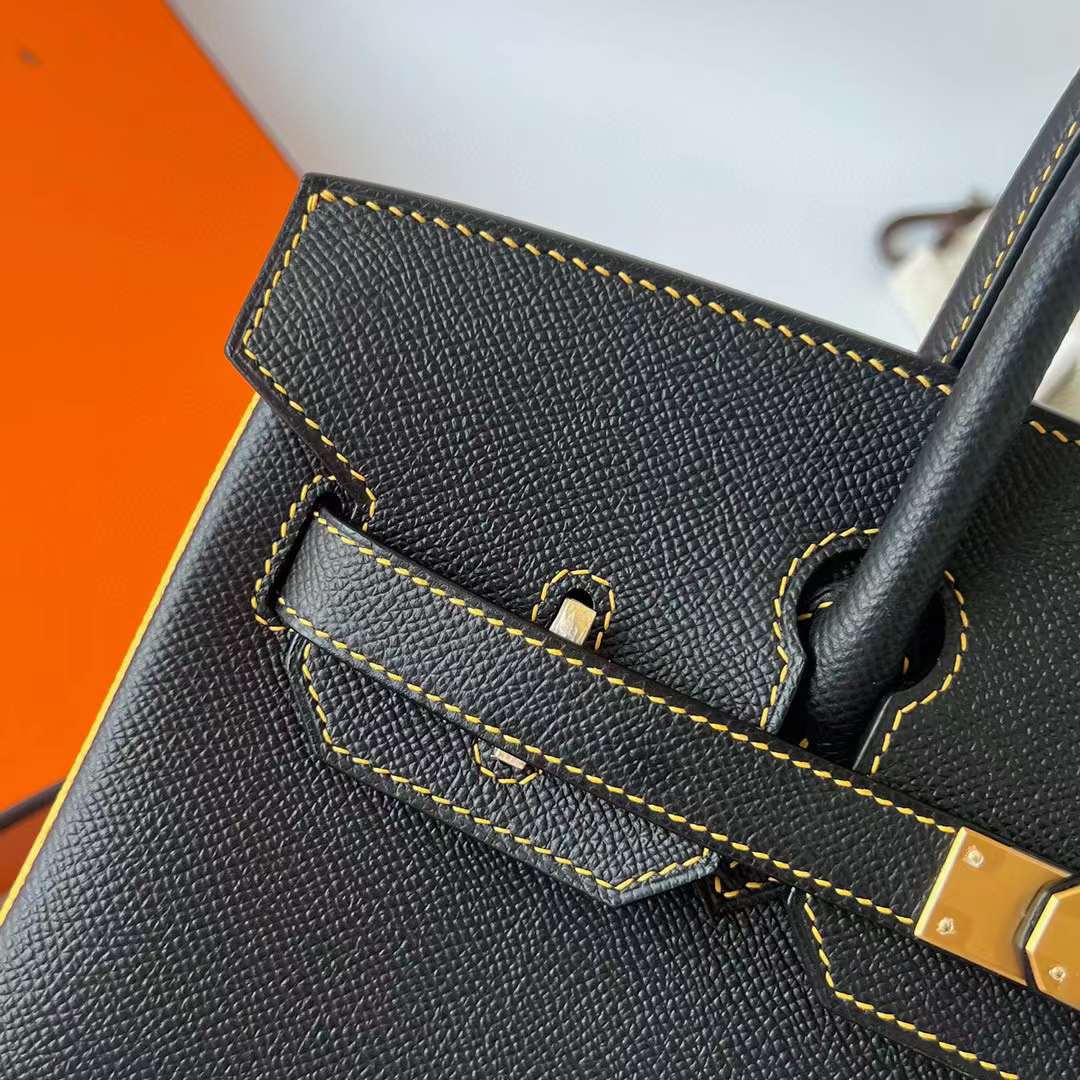 Hermès（爱马仕）Birkin 铂金包 Epsom Ck89 黑色 内拼 9D 琥珀黄 磨砂金扣 30cm 全手工蜡线缝制 Bghw