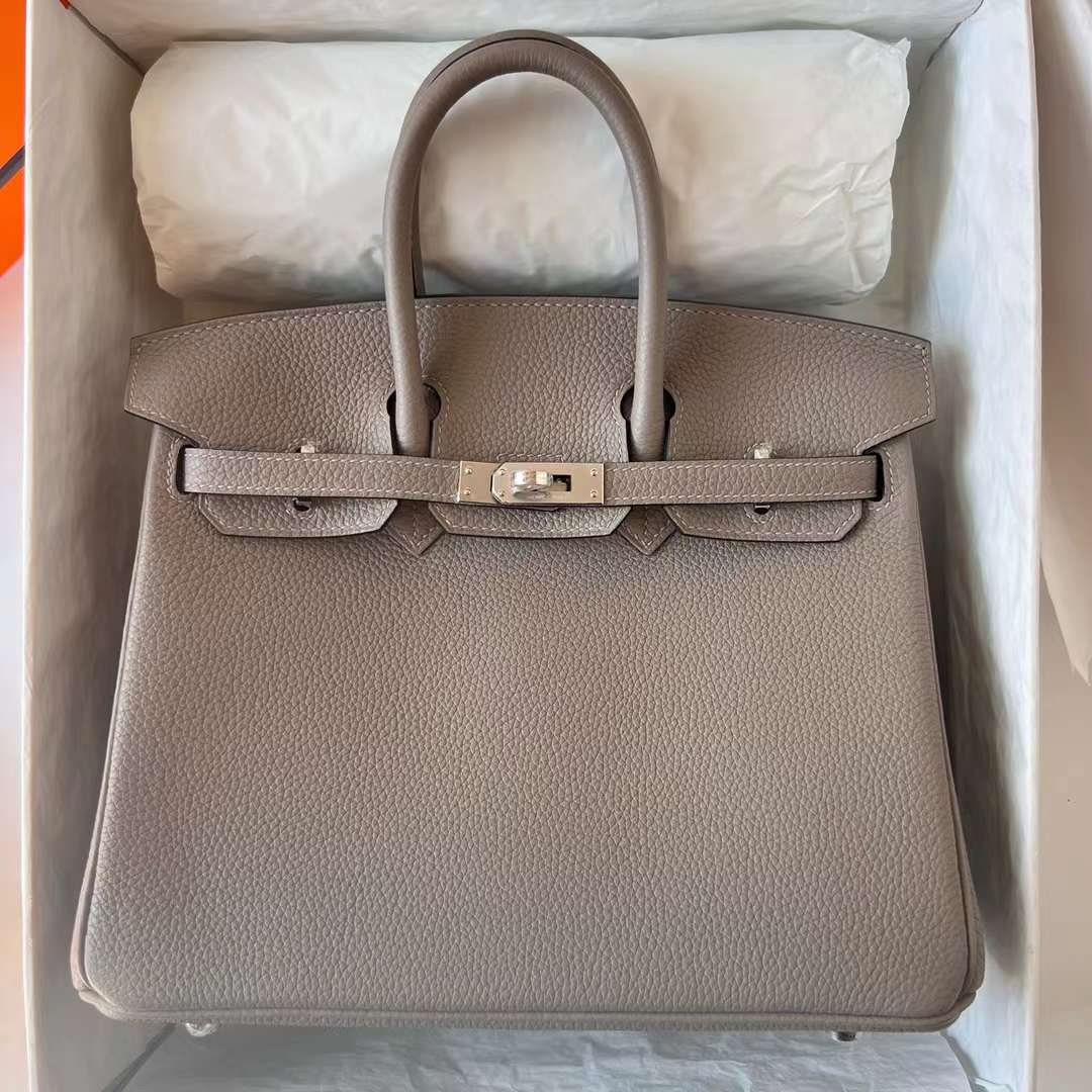 Hermès（爱马仕）Birkin 铂金包 Togo皮 进口德国小牛皮 M8 沥青灰 银扣 25cm 全手工蜡线缝制 Phw