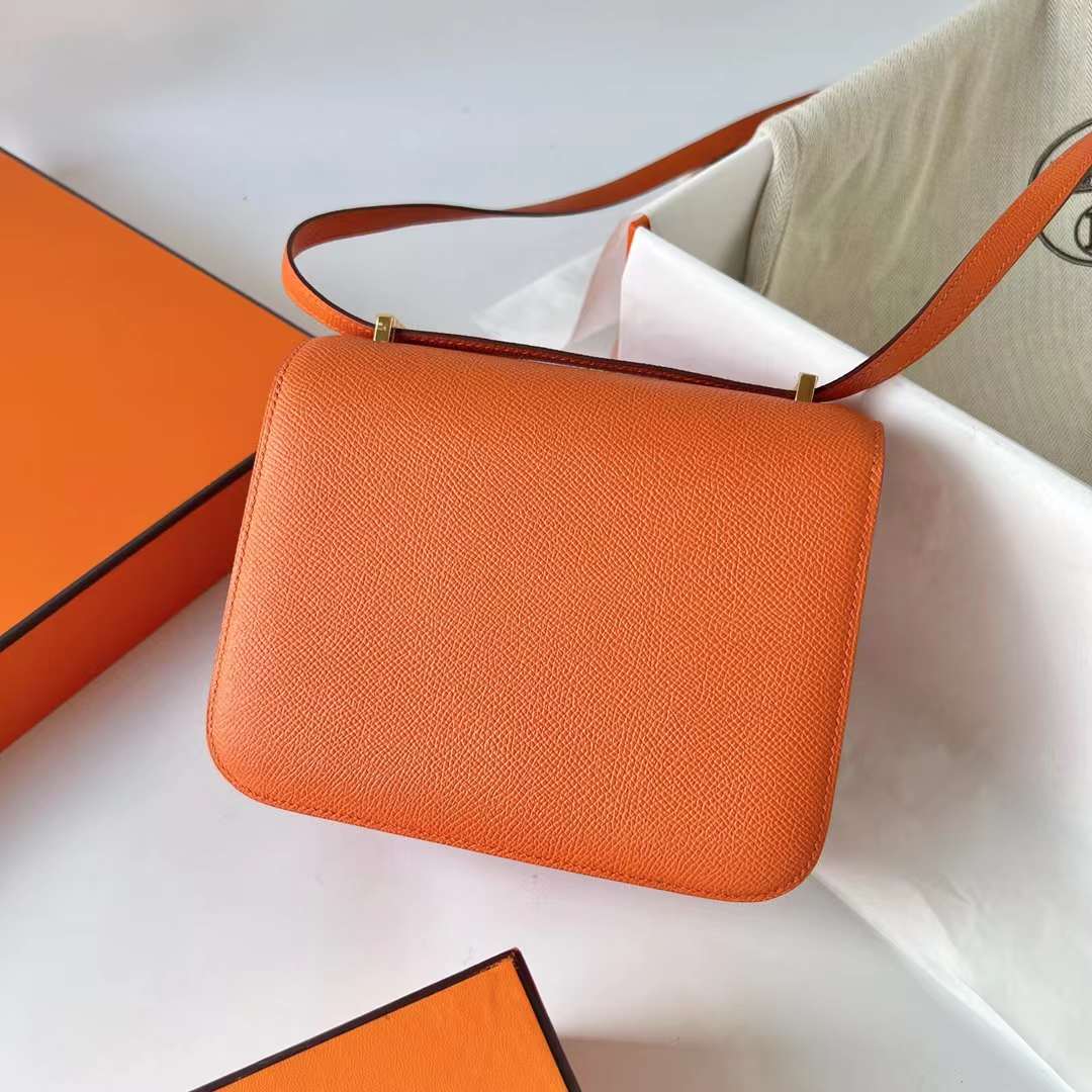 Hermès（爱马仕）Constance 空姐包 Epsom Ck93 橙色 金扣 19cm 全手工蜡线缝制 Ghw
