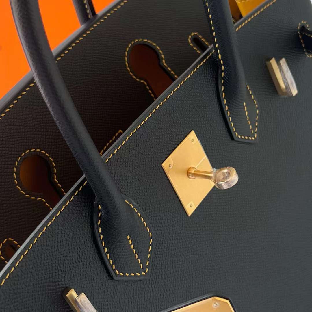 Hermès（爱马仕）Birkin 铂金包 Epsom Ck89 黑色 内拼 9D 琥珀黄 磨砂金扣 30cm 全手工蜡线缝制 Bghw