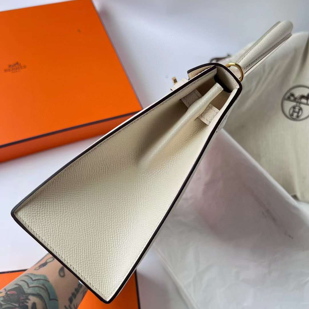 Hermès（爱马仕）Kelly 凯莉包 Epsom I2 奶油白 金扣 25cm 全手工蜡线缝制 Ghw