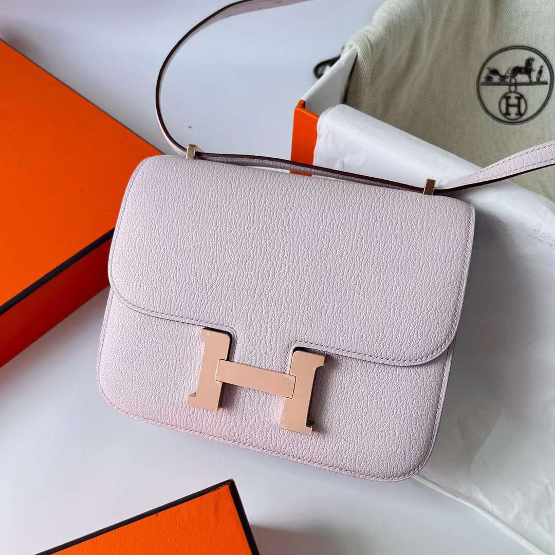 Hermès（爱马仕）Constance 空姐包 Chevre 进口山羊皮 09 梦幻粉紫 玫瑰金扣 19cm 全手工蜡线缝制 Rghw