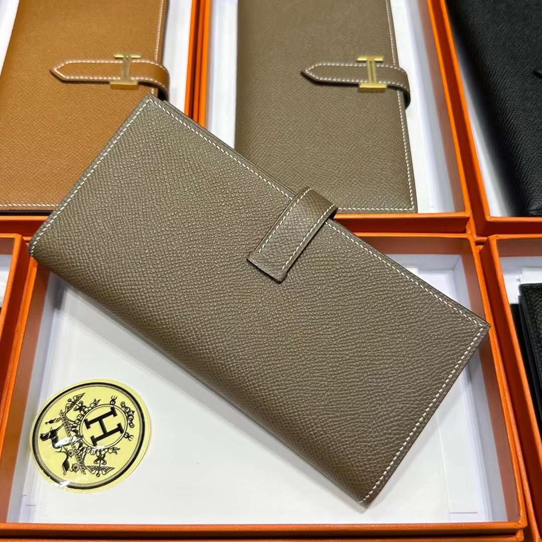Hermès（爱马仕）Bearn 长款钱包 Epsom 进口手掌纹皮 Ck18 大象灰 金扣 全手工蜡线缝制