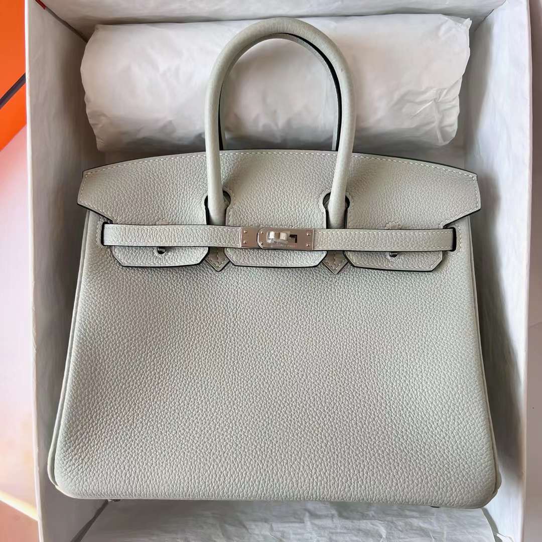 Hermès（爱马仕）Birkin 铂金包 Togo皮 进口德国小牛皮 0W 冰晶灰 银扣 25cm 全手工蜡线缝制 Phw