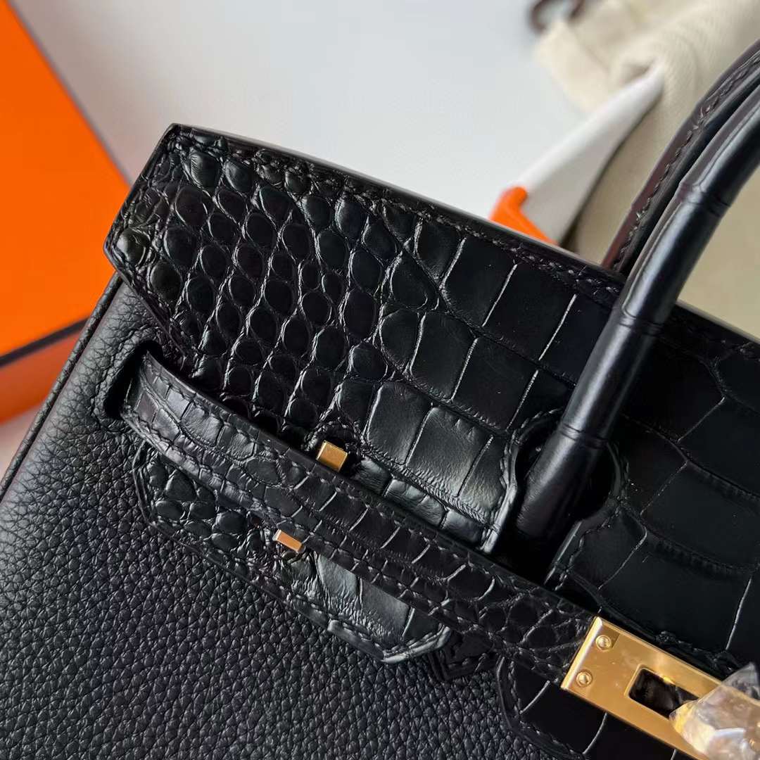 Hermès（爱马仕）Birkin 铂金包 Touch Togo 拼 雾面美洲鳄鱼皮 Ck89 黑色 金扣 25cm 全手工蜡线缝制 Ghw