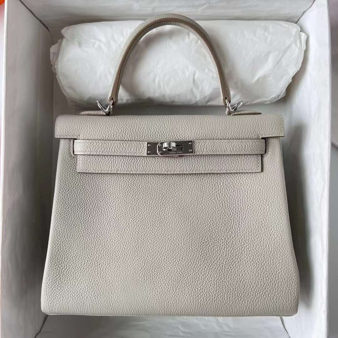 Hermès（爱马仕）Kelly 凯莉包 Togo皮 进口德国小牛皮 Ck80 珍珠灰 银扣 25cm 全手工蜡线缝制 Phw