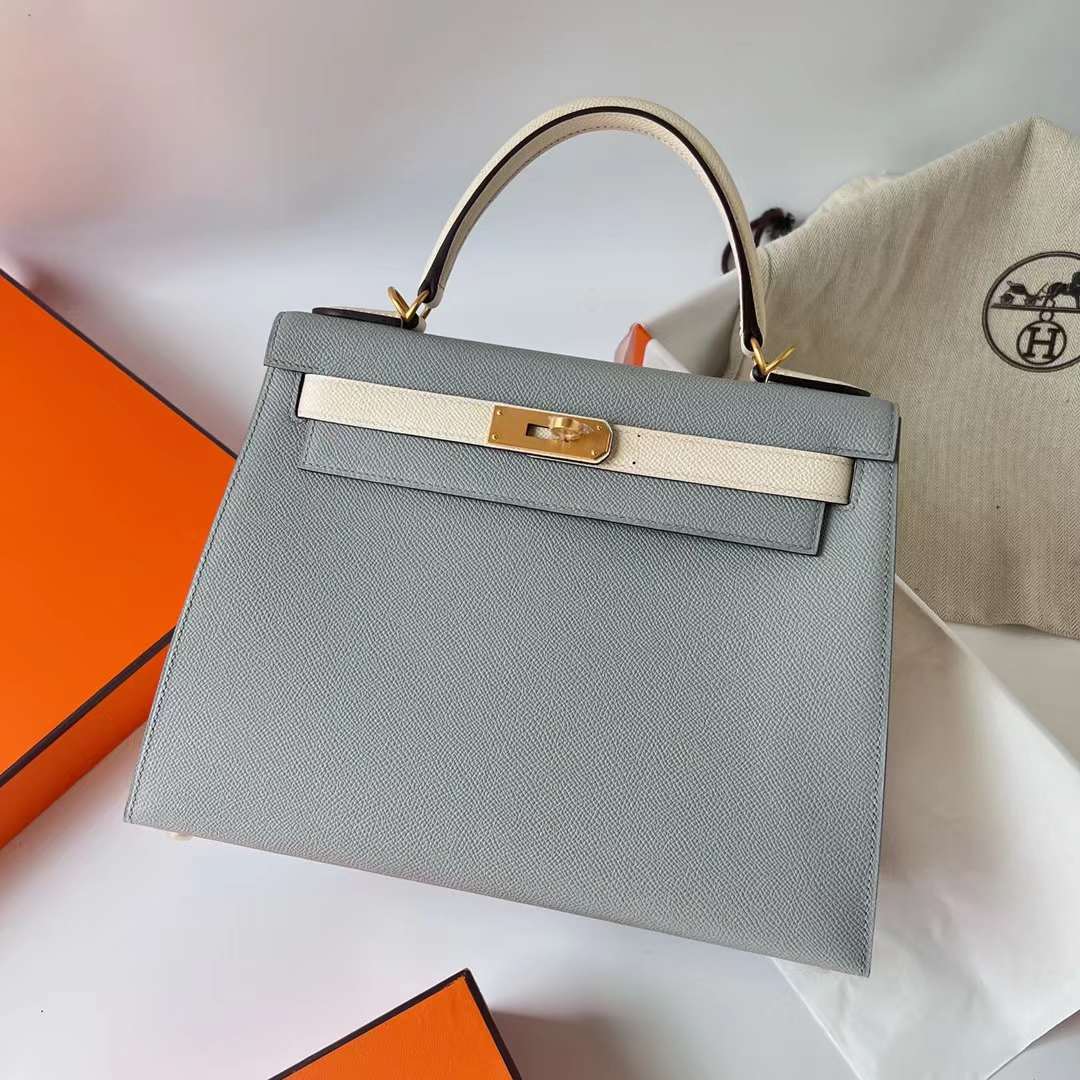Hermès（爱马仕）Kelly 凯莉包 Hss Epsom 8U 冰川蓝 拼 I2 奶油白 拉丝金扣 28cm 全手工蜡线缝制 BGhw