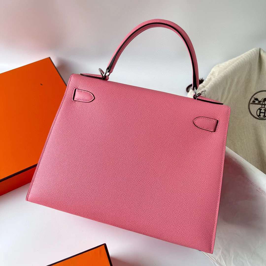 Hermès（爱马仕）Kelly 凯莉包 Epsom 进口德国手掌纹皮 1Q 奶昔粉 银扣 28cm 全手工蜡线缝制 Phw