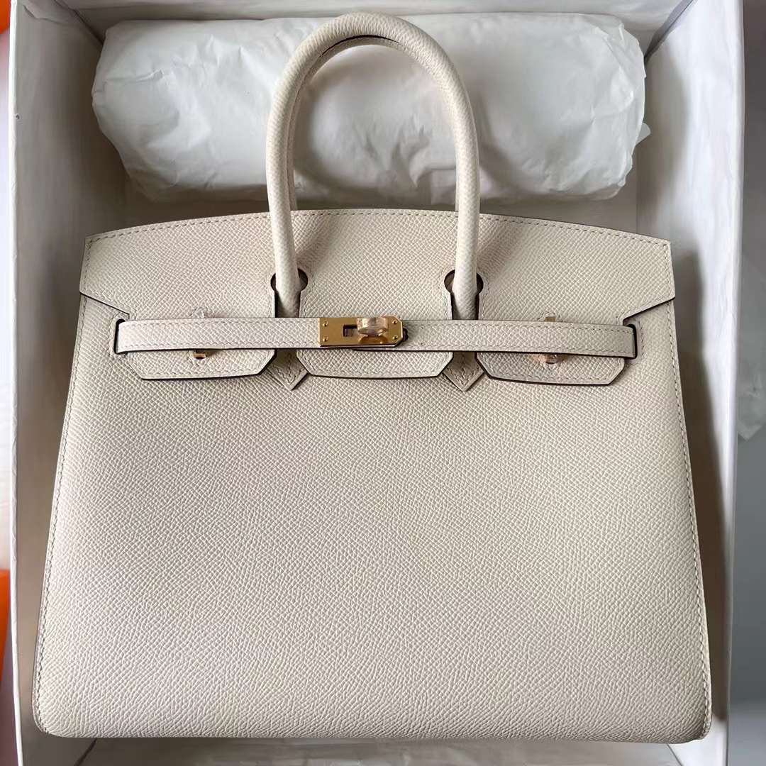 Hermès（爱马仕）Birkin 铂金包 Sellier Epsom I2 奶油白 金扣 25cm 全手工蜡线缝制 Ghw