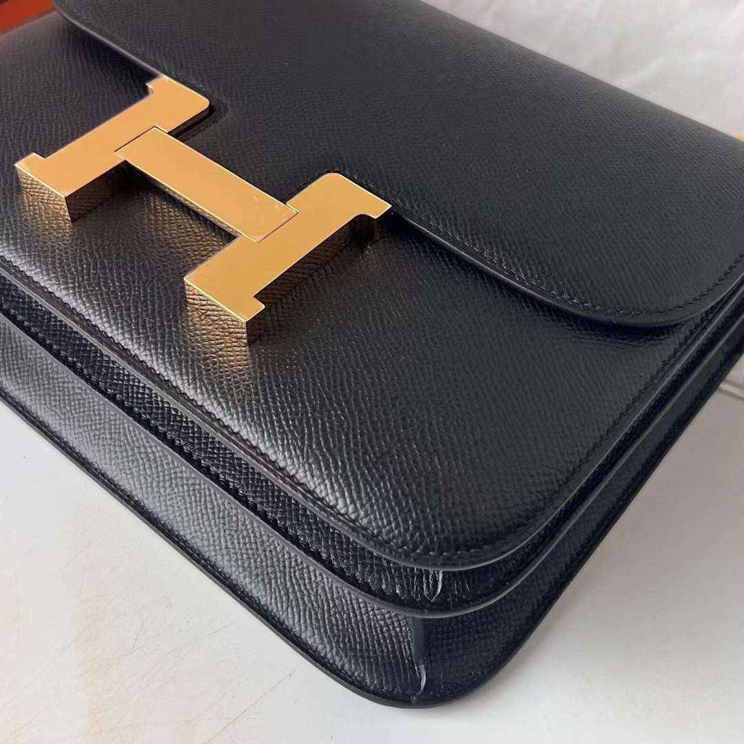 Hermès（爱马仕）Constance 空姐包 Epsom Ck89 黑色 金扣 24cm 全手工蜡线缝制 Ghw