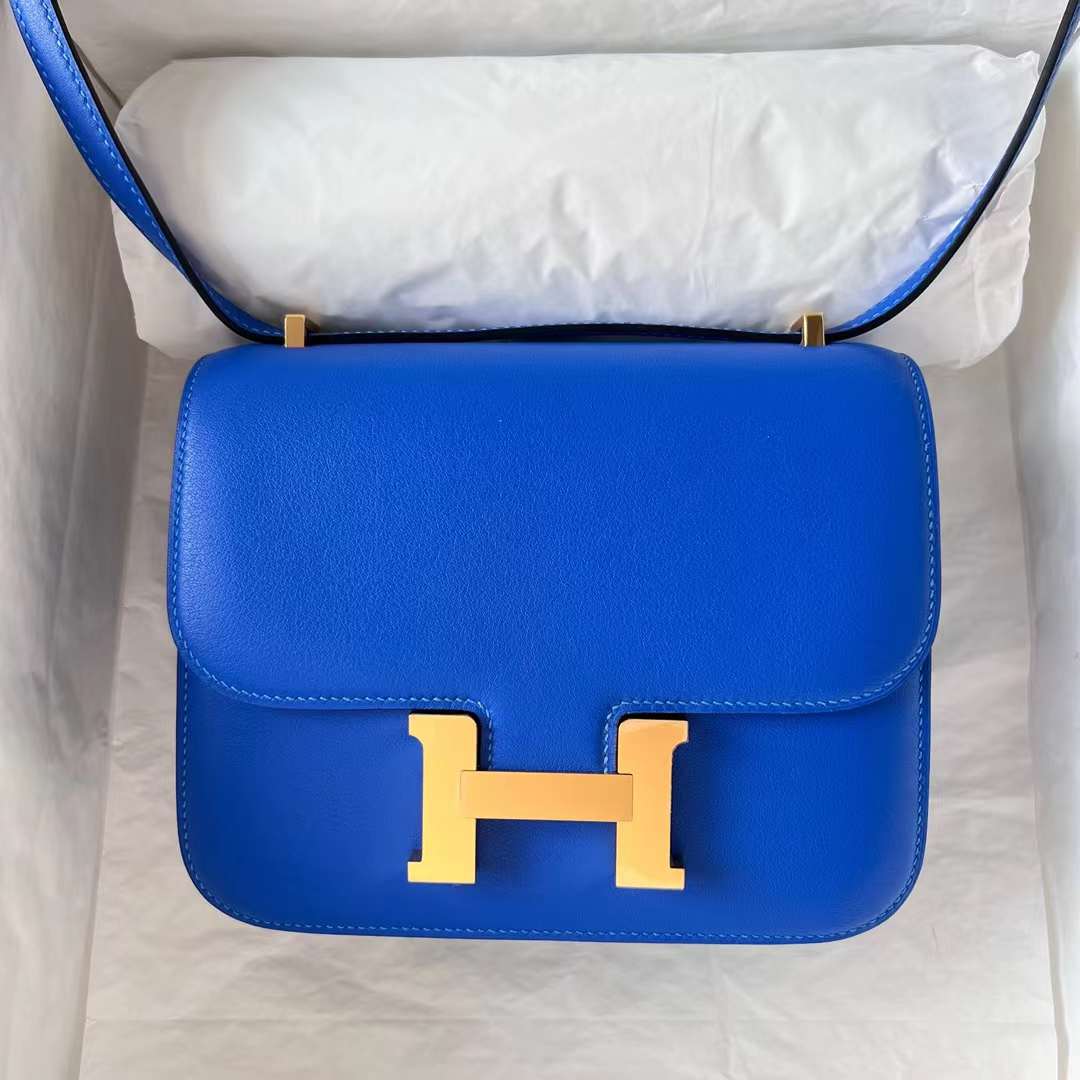 Hermès（爱马仕）Constance 空姐包 Swift Ck71 法国蓝 金扣 19cm 全手工蜡线缝制 Ghw