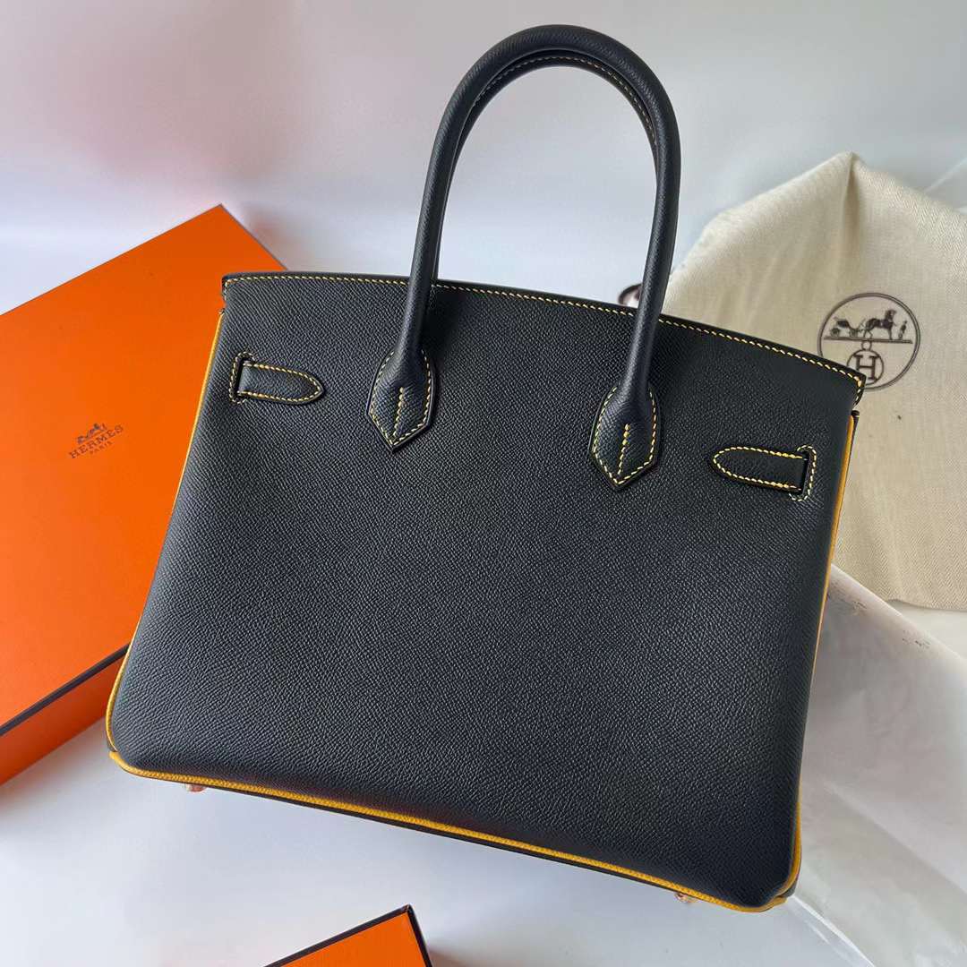 Hermès（爱马仕）Birkin 铂金包 Epsom Ck89 黑色 内拼 9D 琥珀黄 磨砂金扣 30cm 全手工蜡线缝制 Bghw