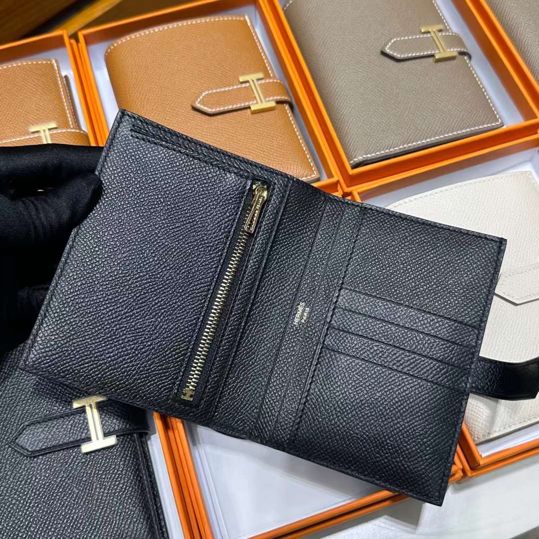 Hermès（爱马仕）Bearn Short 短款钱包 Epsom 进口手掌纹皮 Ck89 黑色 金扣 全手工蜡线缝制