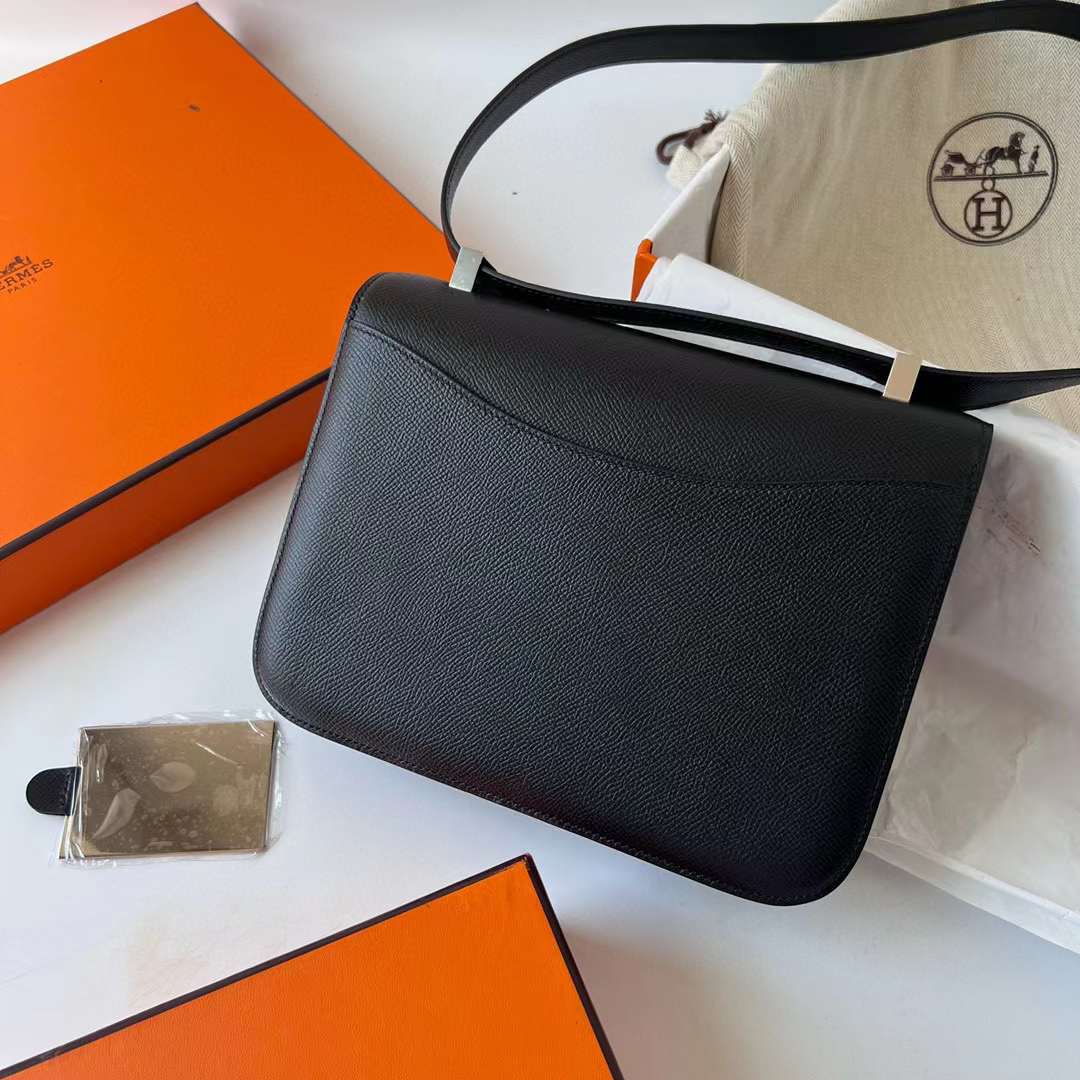 Hermès（爱马仕）Constance 空姐包 Epsom Ck89 黑色 银扣 1-24cm 全手工蜡线缝制 Phw