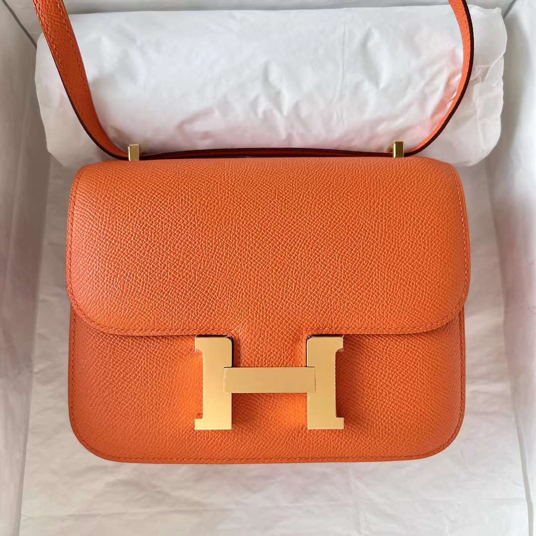 Hermès（爱马仕）Constance 空姐包 Epsom Ck93 橙色 金扣 19cm 全手工蜡线缝制 Ghw