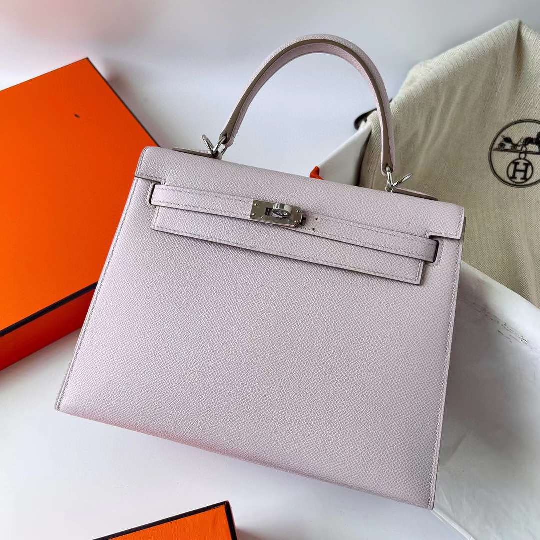 Hermès（爱马仕）Kelly 凯莉包 Epsom 进口德国手掌纹 09 梦幻粉紫 银扣 25cm 全手工蜡线缝制 Phw