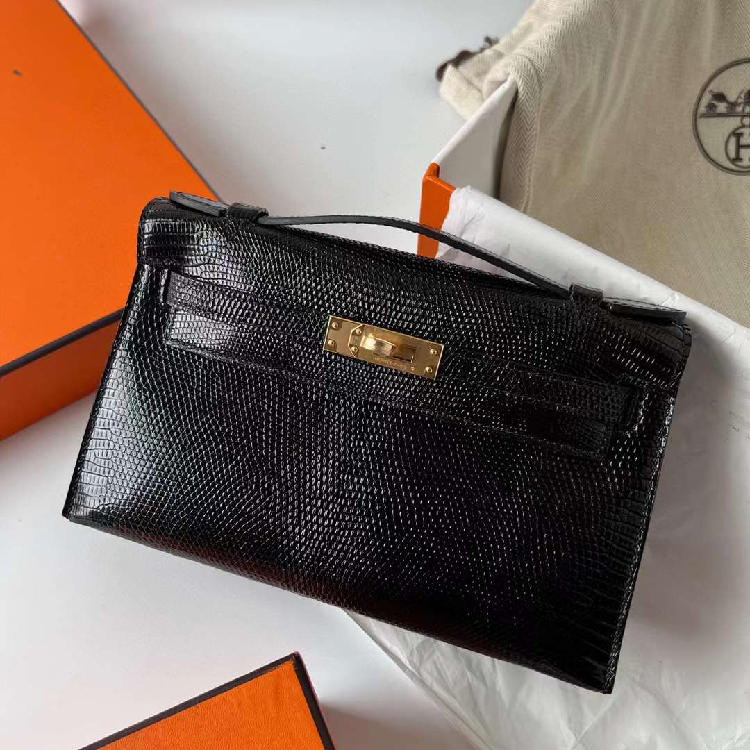 Hermès（爱马仕）Mini Kelly Pochette Lizard 进口蜥蜴皮 Ck89 黑色 金扣 22cm 全手工蜡线缝制 Ghw