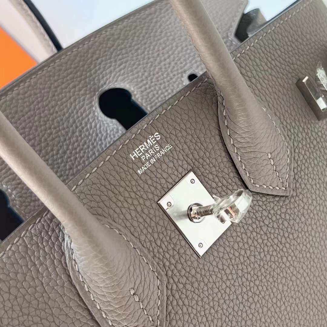 Hermès（爱马仕）Birkin 铂金包 Togo皮 进口德国小牛皮 M8 沥青灰 银扣 25cm 全手工蜡线缝制 Phw