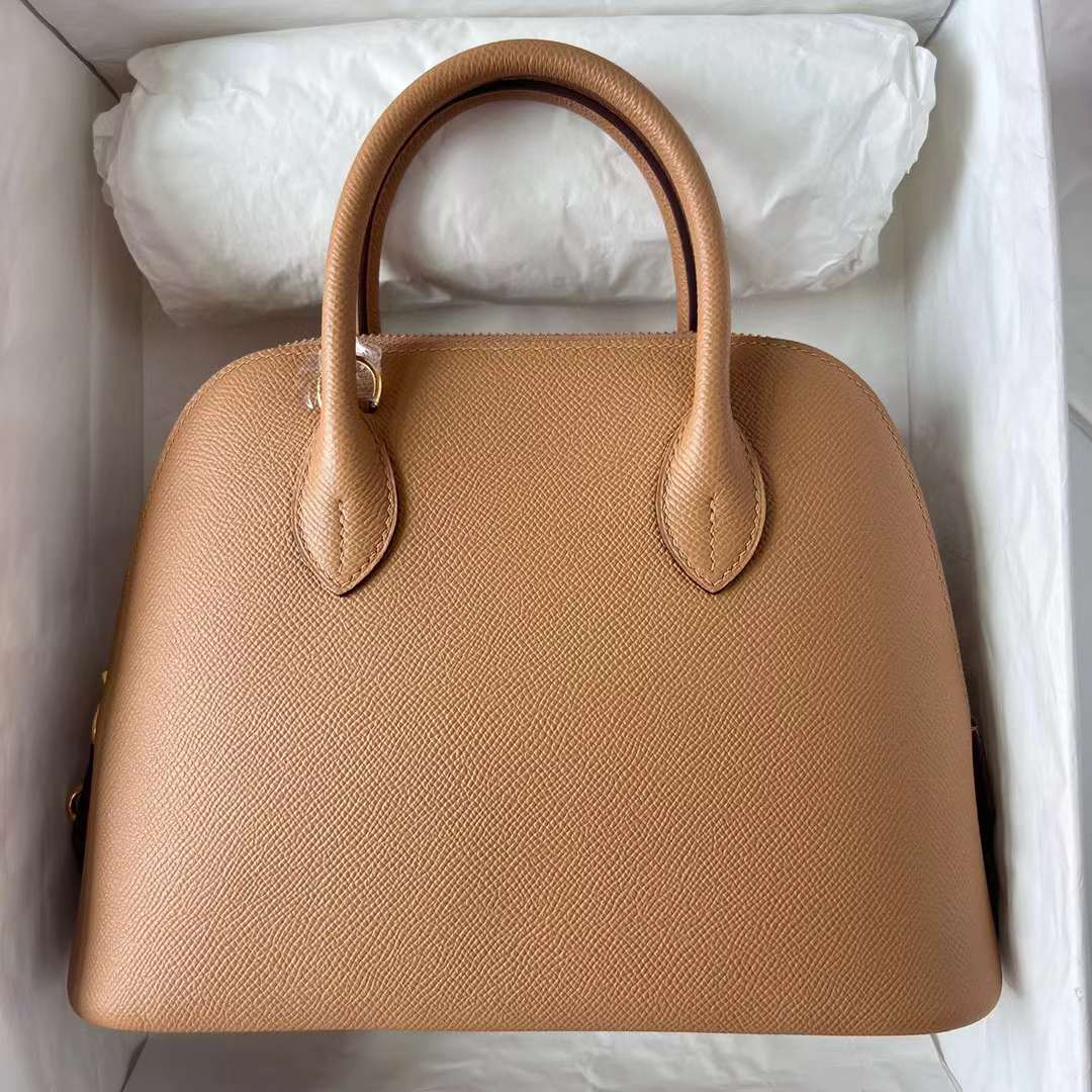 Hermès（爱马仕）Bolide 保龄球包 Epsom 0M 奶茶色 金扣 25cm 全手工蜡线缝制 Ghw