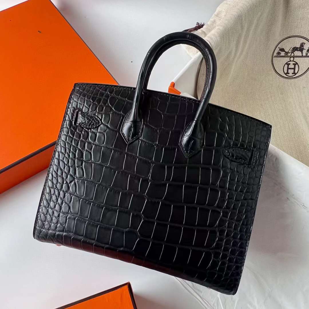Hermès（爱马仕）Birkin 铂金包 雾面美洲鳄鱼皮 Matte Alligator Crocodile Ck89 黑色 金扣 20cm 全手工蜡线缝制 Ghw