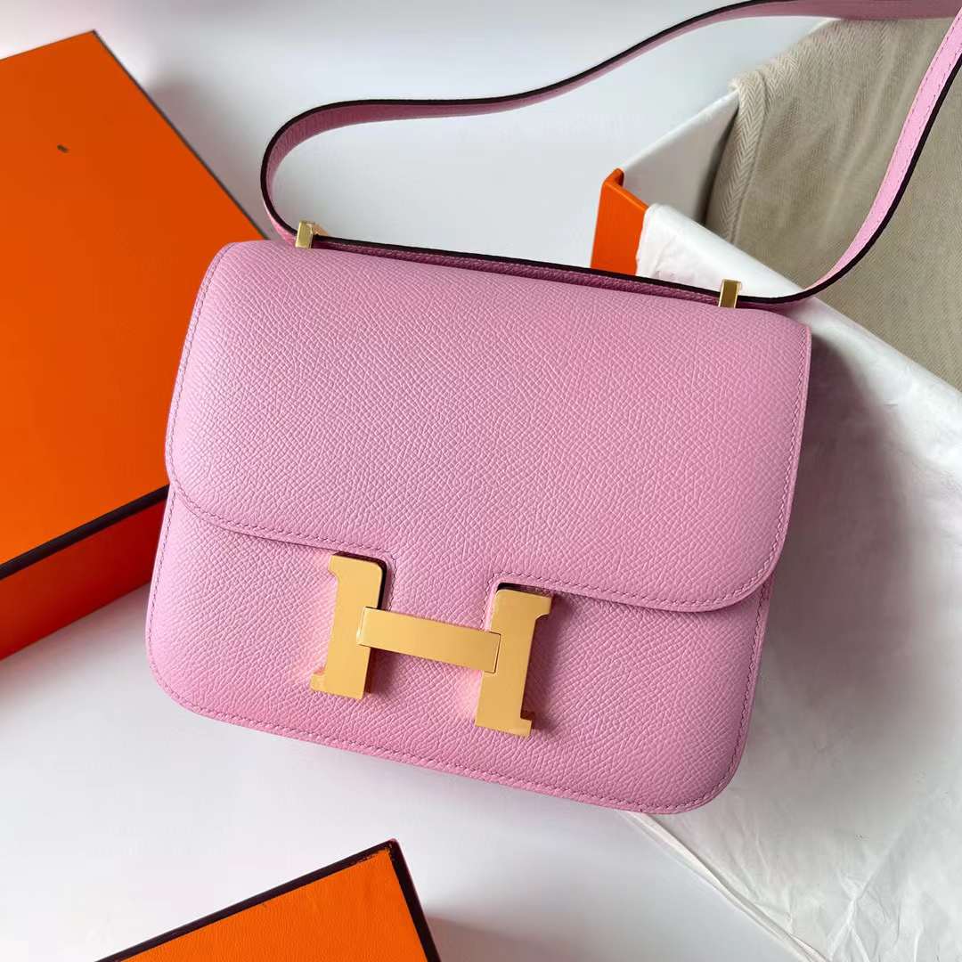Hermès（爱马仕）Constance 空姐包 Epsom X9 锦葵紫 金扣 19cm 全手工蜡线缝制 Ghw