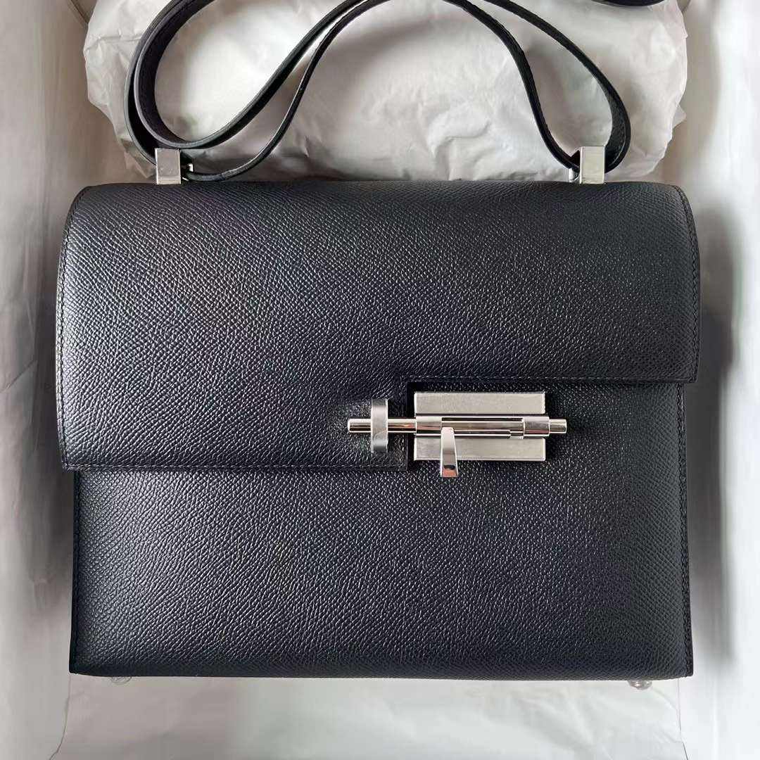 Hermès（爱马仕）Verrou 机枪包 Epsom Ck89 黑色 银扣 21cm 全手工蜡线缝制 Phw