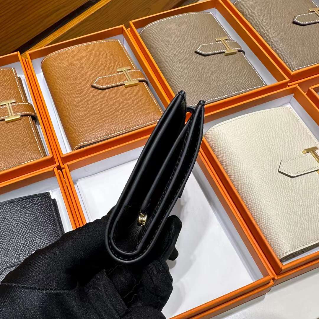 Hermès（爱马仕）Bearn Short 短款钱包 Epsom 进口手掌纹皮 Ck89 黑色 金扣 全手工蜡线缝制