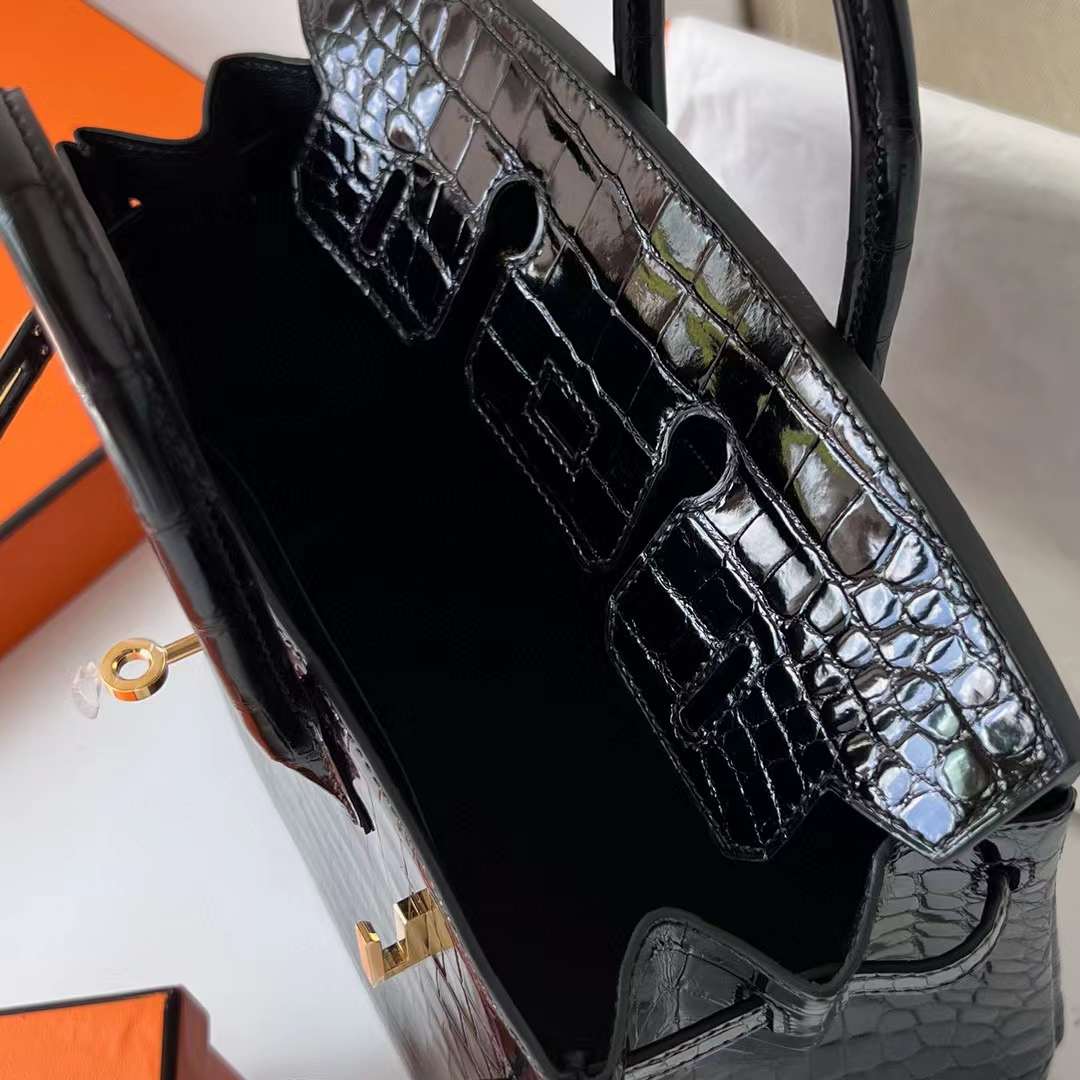 Hermès（爱马仕）Birkin 铂金包 亮面尼罗鳄鱼皮 Shiny Nilo Crocodile Ck89 黑色 金扣 25cm 全手工蜡线缝制 Ghw